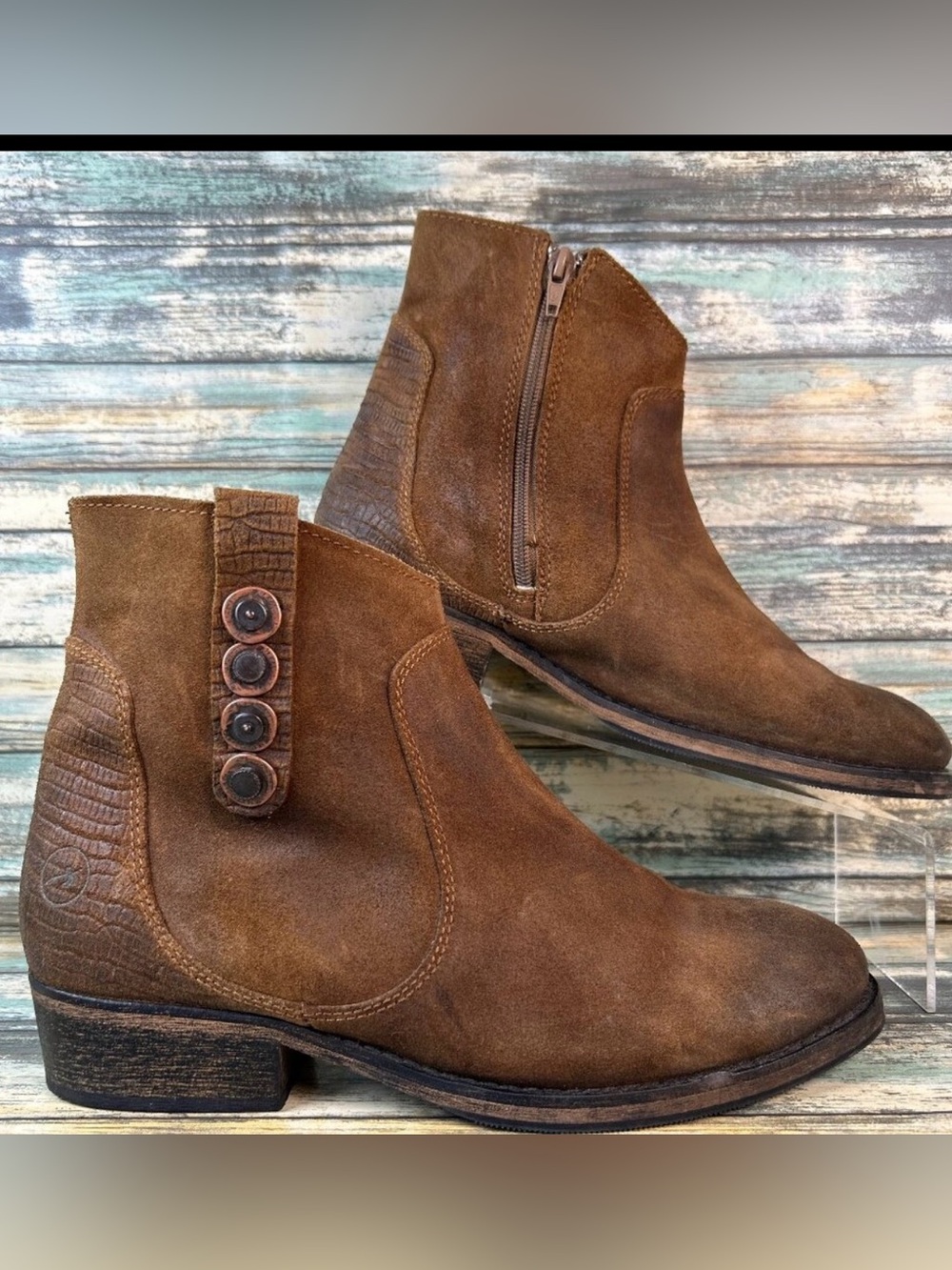 BRONX Ankle Boots Sz 10.5-11/41 Brown Leather Block Heel Bootie Casual Zip Up